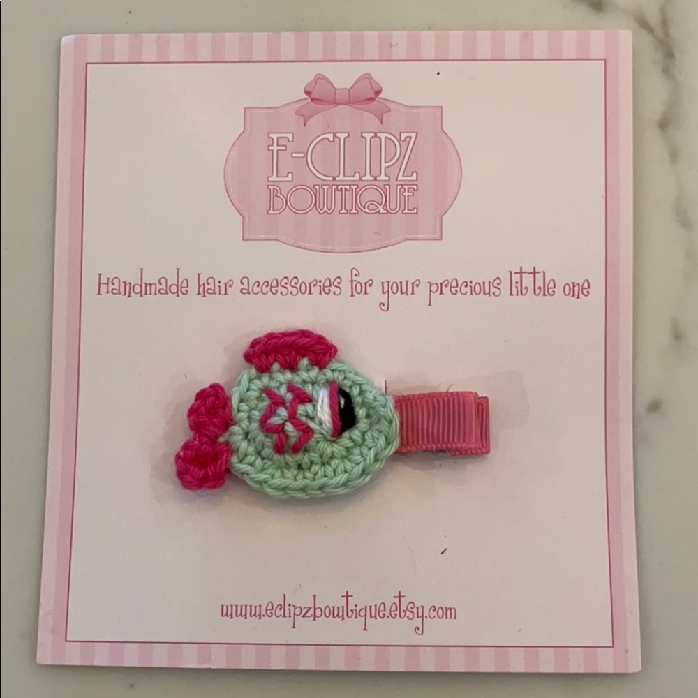 New handmade crochet fish applique on pink clip